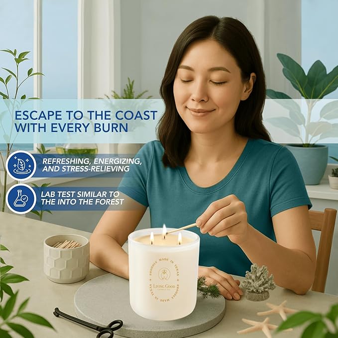 Coastal Breeze - Yuzu & Sea Salt Pure Beeswax Candle – 90+ Hours Long Burning Classically Designed Non-Toxic Scented Candles for Home Decor with Natural Fragrance 15 oz