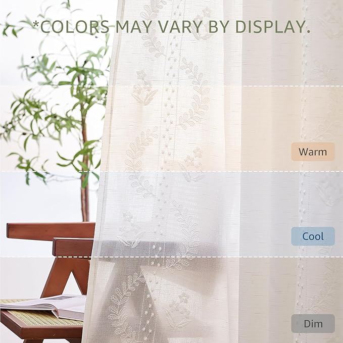 jinchan Belrose Linen Curtains for Bedroom Floral Curtains 63 Inch Length Linen Blend White Embroidered Drapes Farmhouse Flower Patterned Drapes for Living Room Window Treatments Set 2 Panels