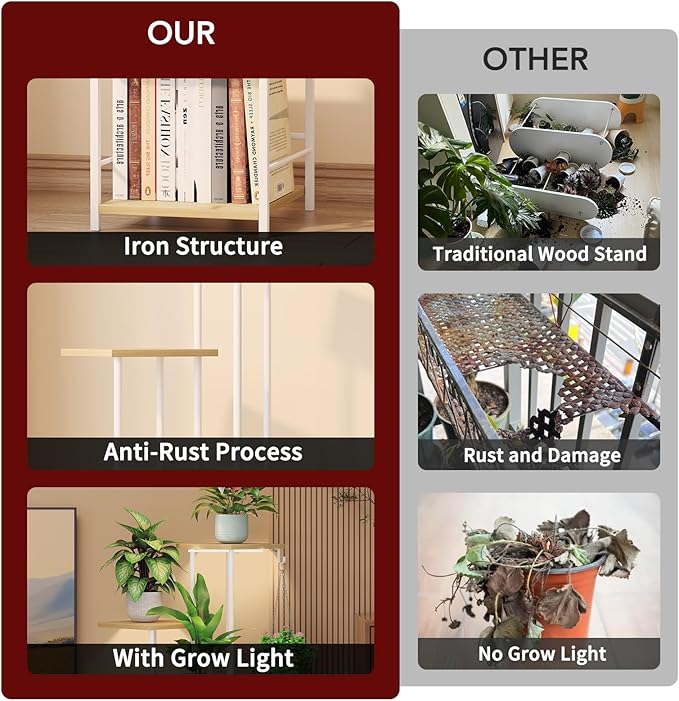 Plant Stand Indoor with Grow Light, 5-Tiered Tall Plant Stand Indoor, Metal Plant Shelf with Hanging Basket Hook and Adjustable Light, Ideal for Living Room, Garden, Patio (Maple)