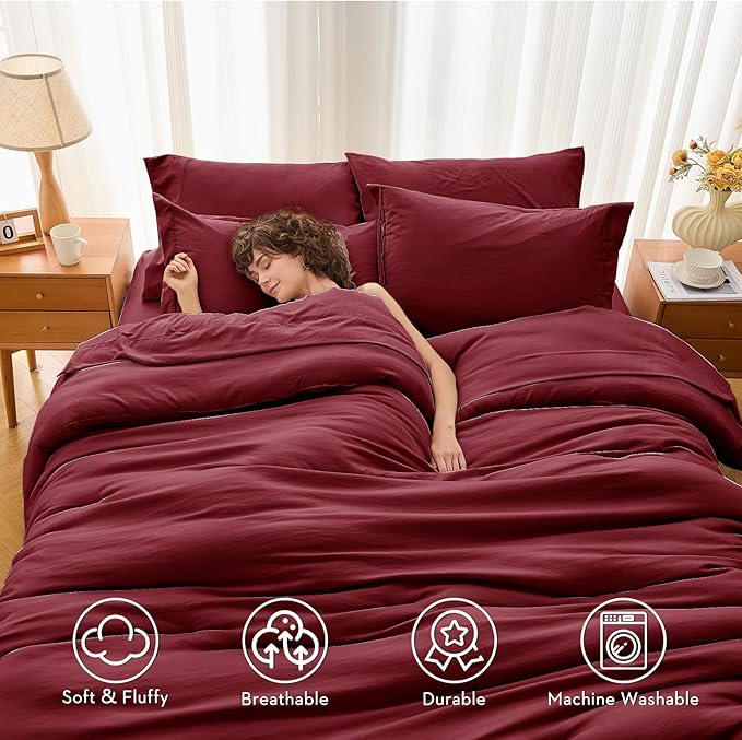 MUXHOMO 5 Pieces Twin Comforter Set, Soft Bed in a Bag Twin Size, All Season Bedding Set with Comforter, Flat Sheet, Fitted Sheet, Pillowcases & Shams, Burgundy Red