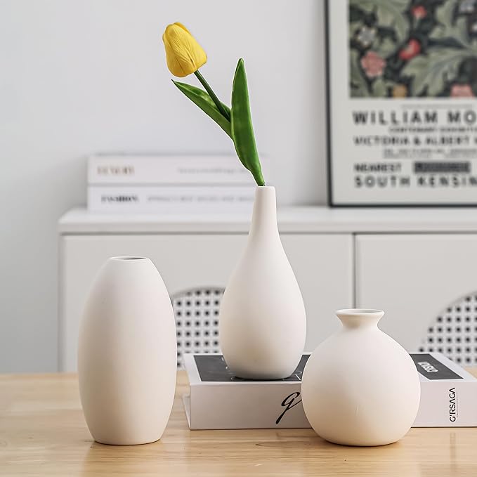 White Ceramic Vase Set of 3, Farmhouse Decor, Home Decorative Vases for Kitchen, Bedroom, Office, Living Room, Bathroom, Shelf Centerpiece Table Decorations, Vases Set Gift