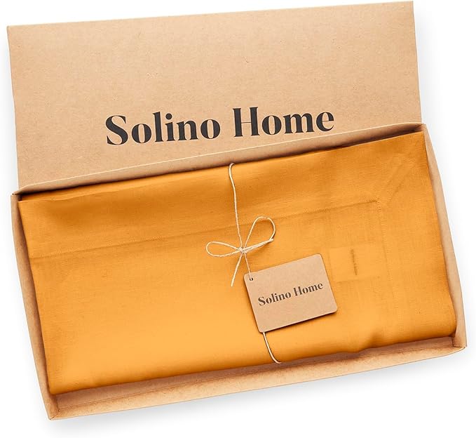 Solino Home Linen Tablecloth 52 x 52 Inch - 100% Pure Linen Tangerine Yellow Square Tablecloth - Fete, Machine Washable Table Throw for Fall, Autumn