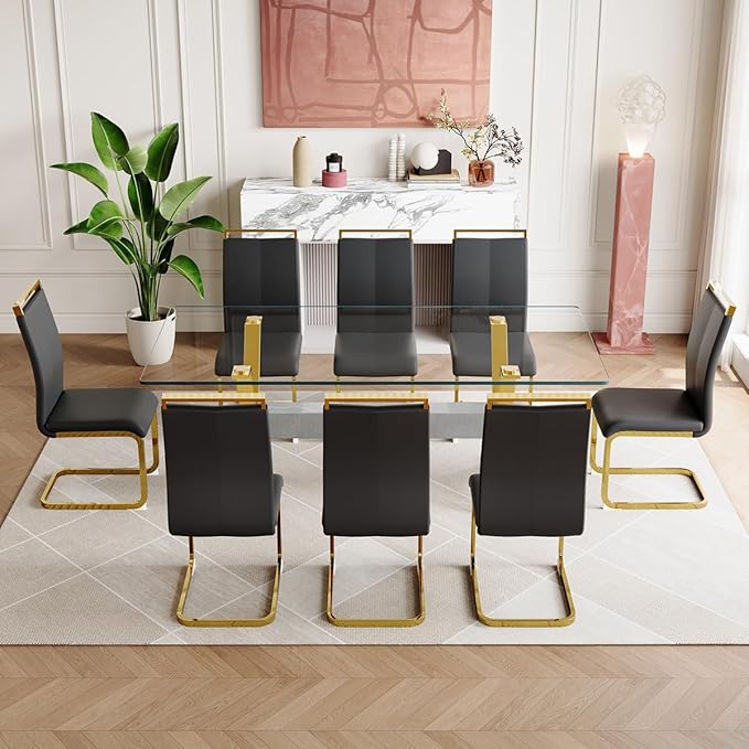 9 Piece Glass Dining Table Set, Kitchen Table Chairs Set for 8, 71'' Dining Table with 0.4" Tempered Glass Tabletop with Plated Metal Legs and MDF Crossbar, 8 PU Chairs for Dining Room, Kitchen.