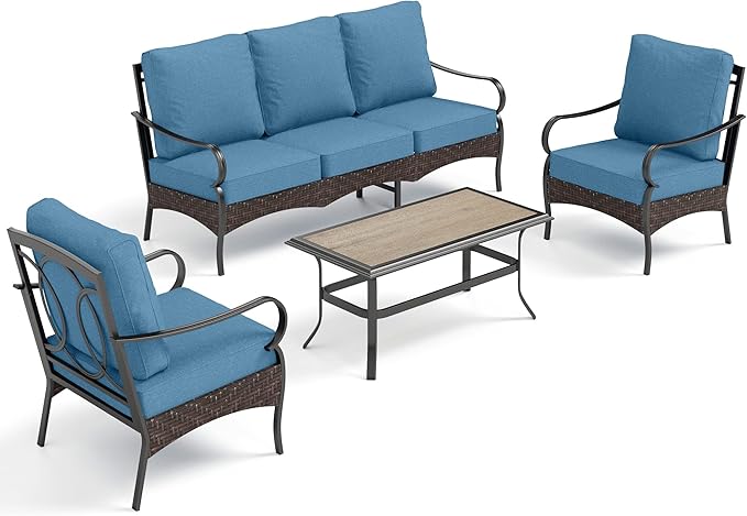 PHI VILLA Outdoor Modern Patio Furniture Set, Upgraded Wicker&Metal Patio Furniture Conversation Set with Waterproof Thick Cushions for Porch, Poolside, Deck, and Yard (4 Pieces,Navy)