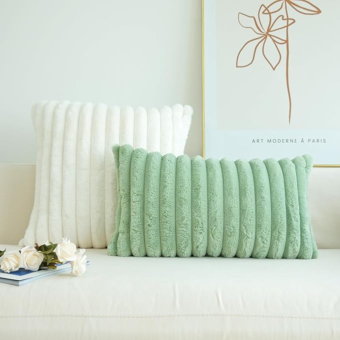 JOJUSIS Pack of 2 Faux Fur Plush Decorative Throw Pillow Covers Couch Cushion Case Soft Pillowcases (Sage Green, 12 x 20-Inch)