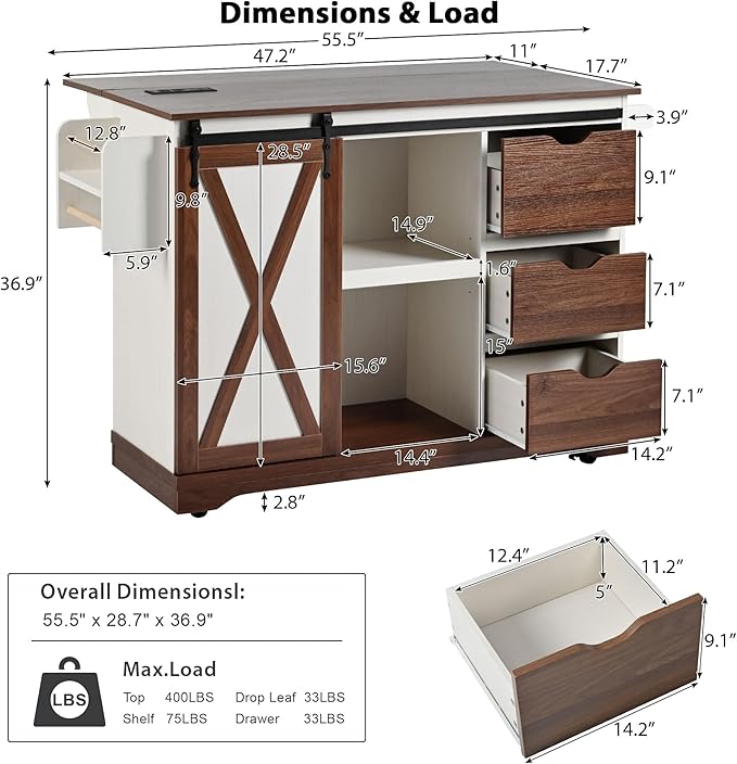 55.5" Farmhouse Kitchen Island with Drop Leaf, Kitchen Storage Island with Barn Door, Power Outlet, for Home, Kitchen, Dining Room, White