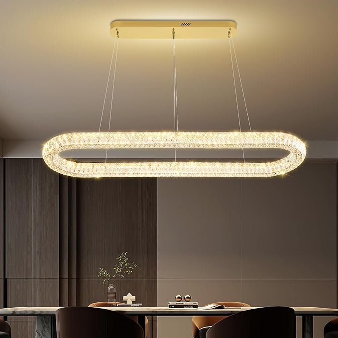 Oval Crystal Chandelier, 55'' Gold Crystal Ring Pendant Light for Kitchen Island Modern Linear Oval Chandeliers for Dining Room Dimmable 3000K-6000K