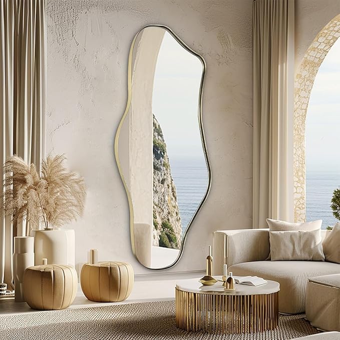 Irregular Mirror Full Length, 63.4"x29" Large Asymmetrical Mirror, Big Gold Floor Mirrors for Dressing, Modern Wavy Shaped Mirrors for Living Room Bathroom Bedroom Entryway