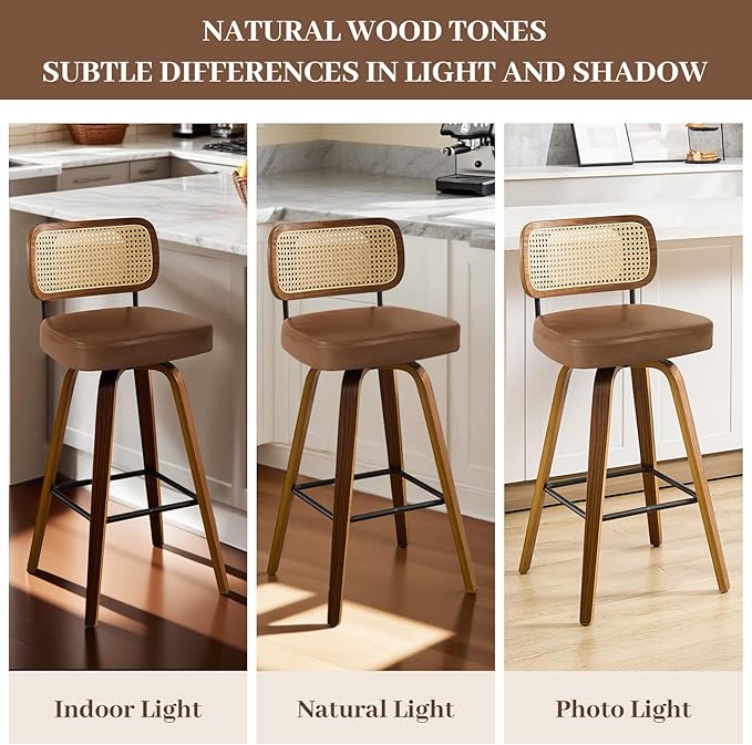Swivel Counter Height Bar Stools Set of 4, Upholstered Faux Leather Barstools with Rattan Back, 26" Seat Height Bar Chairs for Kitchen Island, Bentwood Wood Frame, Brown