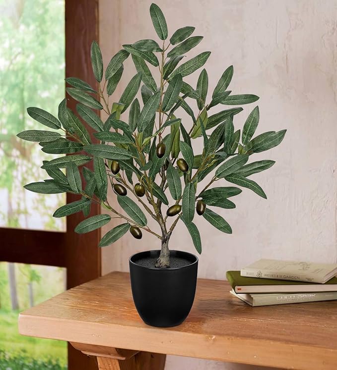 Briful Small Olive Trees Artificial Decor 19.6in Fake Olive Plant with Black Pot Decorative Olive Tree for Home Office Countertop Kitchen Table Farmhouse Decor
