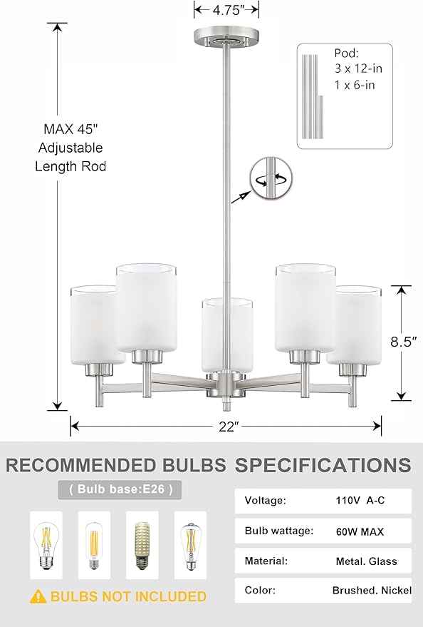 Doraimi Lighting 5 Light Chandelier Brushed Nickel Finish,Classic Style Ceiling Pendant Light Clear Frosted Glass Shade Fixture for Meeting Room Dining Room Over Table Living Room