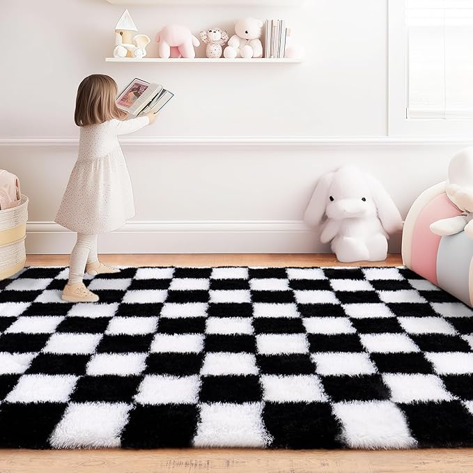 Checkered Rug for Living Room 8x10, Ultra Fluffy Fuzzy Shag Black and White Large Area Rug for Bedroom, Modern Plush Soft Upgrade Non-Slip Carpet for Kids Girls and Boys Room Dorm Home Decor