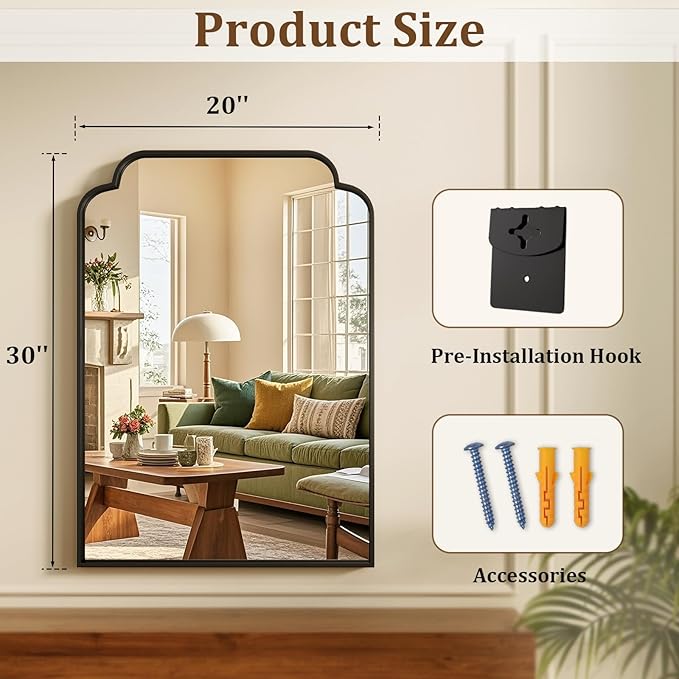 20X30 Inch Black Bathroom Mirror for Wall, Modern Rounded Corner Rectangle Mirror with Non-Rusting Iron Metal Framed Bathroom Vanity Mirror for Over Sink Wall Decor