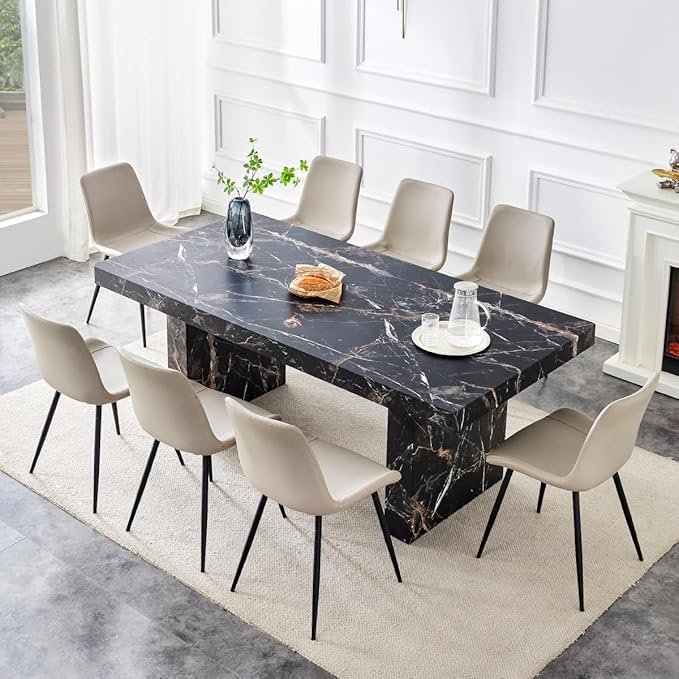 79" Marble Dining Table Set｜Modern Dining Table Set with 8 Faux Leather Chairs｜Engineered Wood with Marble Pattern Tabletop｜Widened and Stable Tablelegs｜Easy Assembly