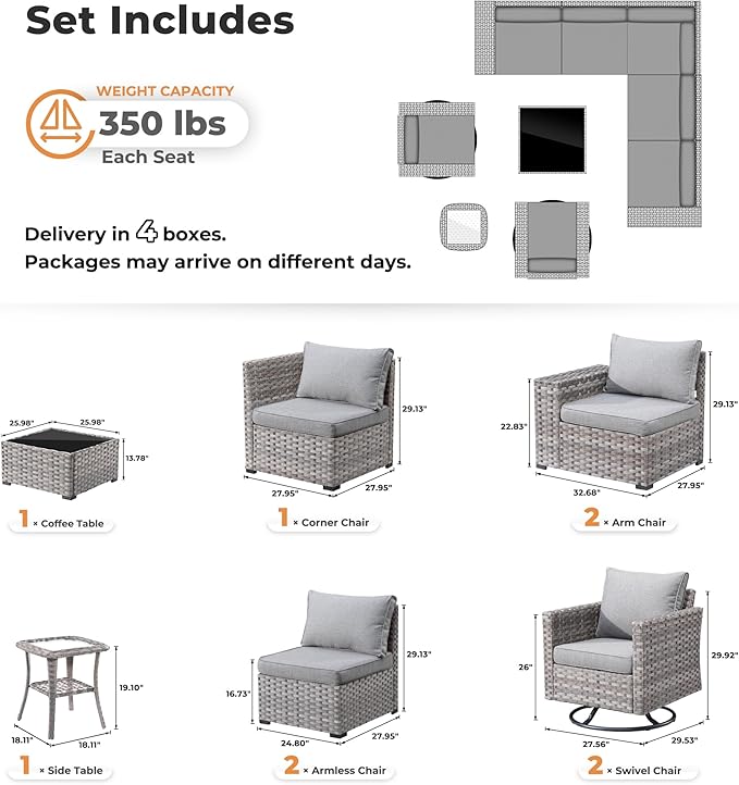 ovios 9 Pieces Patio Furniture Set, Outdoor Wicker Sectional Sofa with 2 Swivel Chairs Coffee Table, Modern Modular Deep Seat Rattan Couch Conversation Sets, Dark Grey