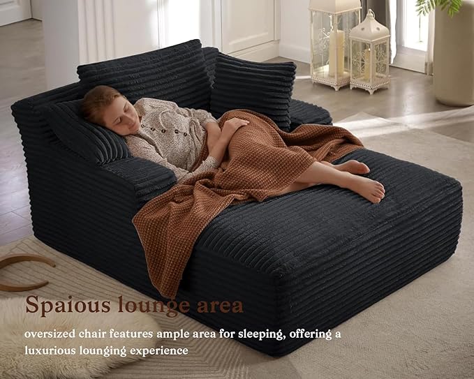 GNIXUU Oversized Chaise Lounge Chair Indoor, Comfy Lounge Sofa Upholstered Boneless Couch Bed with Throw Pillows and Armrests, Corduroy Plush Cloud Sofa Reading Chair for Living Room, Black