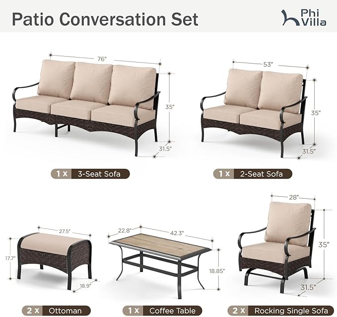 PHI VILLA Extra Large Outdoor Modern Patio Furniture Set, Upgraded Wicker&Metal Patio Furniture Conversation Set with Waterproof Thick Cushions for Porch, Poolside, Deck, and Yard(7 Pieces,Beige)