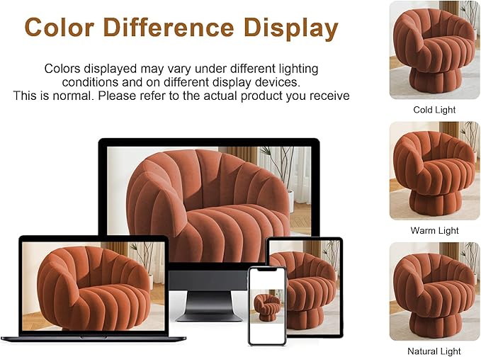 Mid Century Modern 360 Degree Barrel Swivel Accent Sofa Chair,Fluffy Velvet Fabric Lounge Wide Upholstered Pumpkin Reading Chair, Round Cloud Armchair for Living Room,Bedroom,Vanity(Burnt Orange)