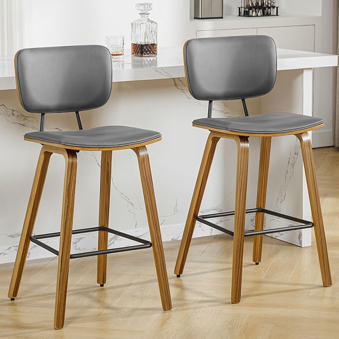 Counter Height Bar Stools Set of 4, PU Leather Upholstered Barstools with Backs, Bent Wood Legs, 26 Inch Seat Height, Mid Century Modern Counter Stools for Kitchen Island, Grey