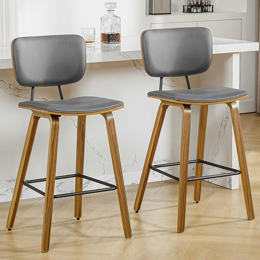 Counter Height Bar Stools Set of 2, PU Leather Upholstered Barstools with Backs, Bent Wood Legs, 26 Inch Seat Height, Mid Century Modern Counter Stools for Kitchen Island, Grey