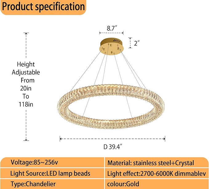 Modern Crystal Chandelier Dimmable LED 39.4" Ring Pendant Light Adjustable Round Gold Crystal Chandelier Light Fixtures for Dining Room Living Room