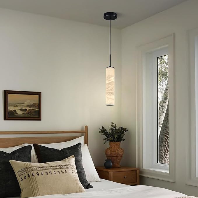 LMQNINE Natural Alabaster Pendant Lights for Kitchen Island White Marble Long Tube Chandelier Modern Black Ceiling Light Fixtures for Bedroom Dining Room Table Living Room Hallway(S-3Pack)