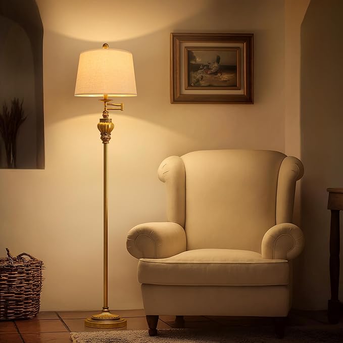 61" Vintage Floor Lamp with 350° Adjustable Swing Arm, Gold Standing Lamp for Bedroom Living Room Nightstand Bedside Retro Farmhouse Mid Century Lamp Light Home Décor Office Gifts