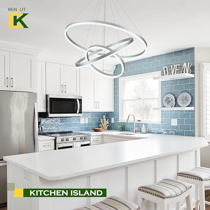 D31.5 3 Rings Modern LED Chandelier Silver Dimmable LED Pendant Light with Remote Control Circular Flush Mount High Ceiling Light for Dining Room Living Room Bedroom Foyer(3000K-6500K, H71)