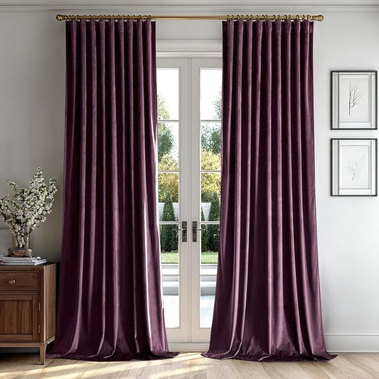 MIULEE Dark Purple Velvet Curtains 108 inches 2 Panels - Luxury Room Darkening Window Drapes for Bedroom Living Room Thermal Insulated Super Soft Blackout Extra Long, Back Tab Rod Pocket Pinch Pleated
