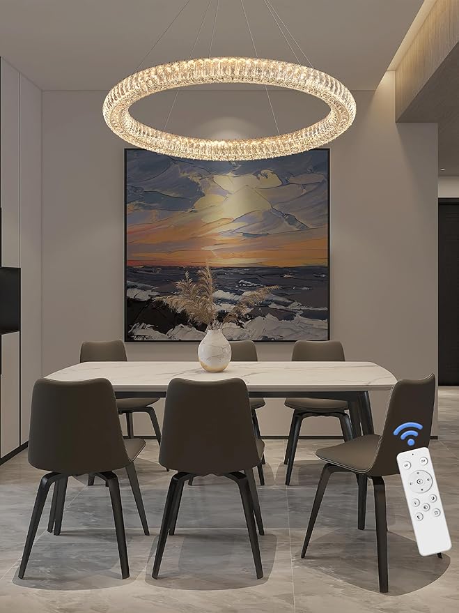 Modern Crystal Chandelier Dimmable LED 39.4" Ring Pendant Light Adjustable Round Gold Crystal Chandelier Light Fixtures for Dining Room Living Room
