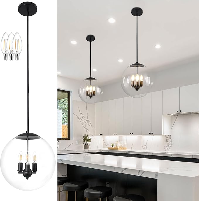 13.7" Globe Pendant Light 3-Light Black Mid Century Pendant Light Clear Glass Lights Kitchen Island Mid Century Adjustable Hanging Farmhouse Globe Fixtures for Living Room Lobby