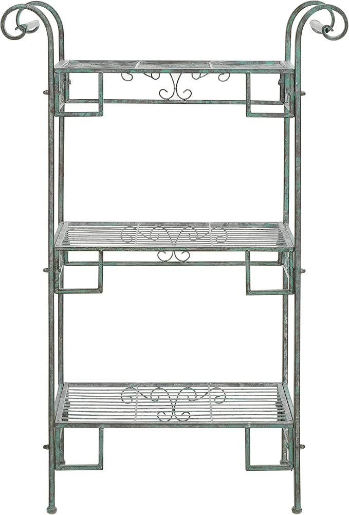 SAFAVIEH Outdoor Collection Noreen Victorian Scroll Antique Dark Green Wrought Iron 3-Tier Shelf