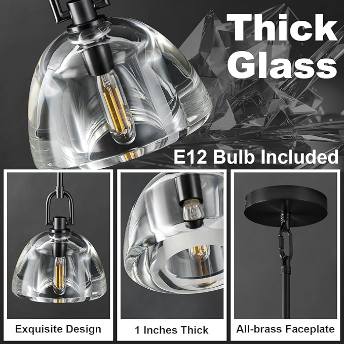 Pendant Light Fixture, 7" Glass Modern Black Pendant Lights Kitchen Island, Hanging Glass Dome Pendant, Black Kitchen Pendant Lighting Over Island, E12 Bulb Included, 2PCS