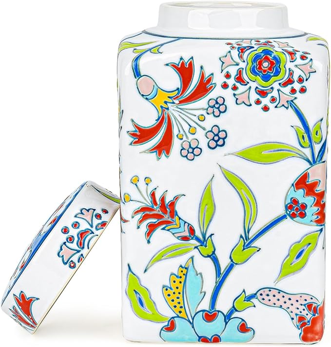 Sungmor Decorative Ceramic Ginger Jar with Lid, Square Ceramic Storage Jar Tea Canister, 8.2" Hand Painted Floral Pattern Porcelain Vase for Table Centerpiece, White Glazed Ginger Jar for Home Decor