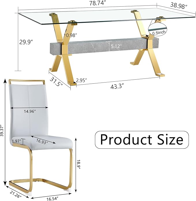 11 Piece Glass Dining Table Set, 79" Modern Dining Table Set for 10, 0.5" Thick Tempered Glass Tabletop with Silver Chrome Metal Legs and Grey Crossbar, 10 PU Chairs for Dining Room, Kitchen