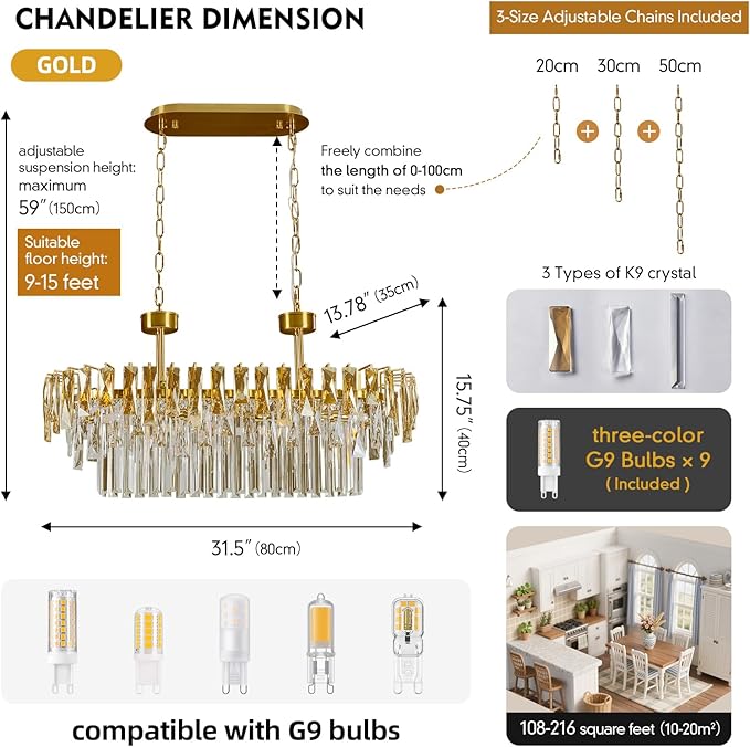 Rectangular Crystal Chandelier for Dining Room - L31.5'' Modern Gold Long Linear Chandelie,Luxury 3 Tier Raindrop K9 Crystals Oval Chandeliers for Living Room,Pendant Ceiling Light for Kitchen Island