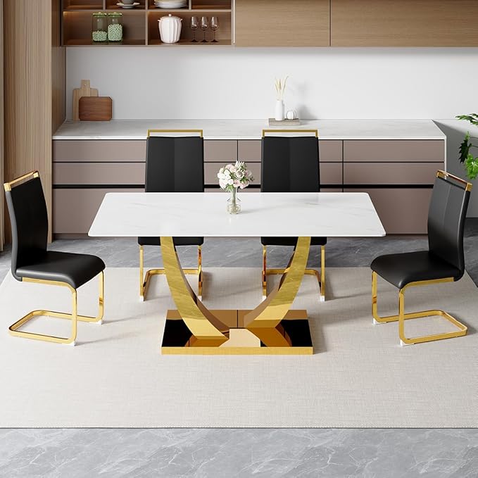 63” Dining Room Table Set for 4,Modern Gold Dining Table Set for 4, Rectangle Kitchen Table Set with Leather Chairs, White Faux Marble Dinner Table Set with Tempered Glass Top and Golden Base