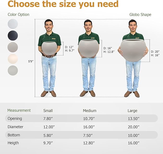 12.8" H x 16" D Globo Fiberstone Round Planter with Drainage Hole, Weather Resistant, Smooth Finish, Planters for Indoor Plants & Outdoor, 2 Extra Coco Mats (Taupe, 10.7" Pot Opening)