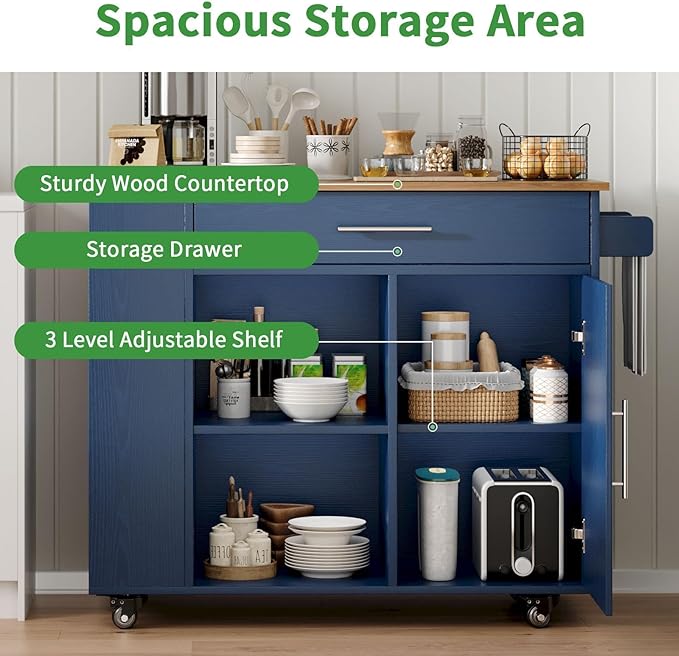 4 EVER WINNER Kitchen Island with Storage, Kitchen cart with Spice Rack & Towel Rack, Cabinet & Drawer, Small Kitchen Island with Open Shelves, Blue
