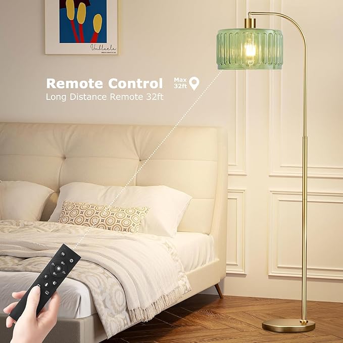 Gold Floor Lamp for Living Room,Bedroom,Mid Century Modern Standing Lamp with Remote,Dimmable Brass Tall Lamp Glass Lamp Vintage Retro Arc Floor Lamps Flower Floor Light Boho Bohemian