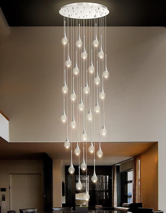 30 Light Modern Glam Crystal Chandelier for High Ceiling LED Dimmable Ceiling Pendant Light Staircase Foyer Enterway Living Room Chandelier Lighting Antique Silver