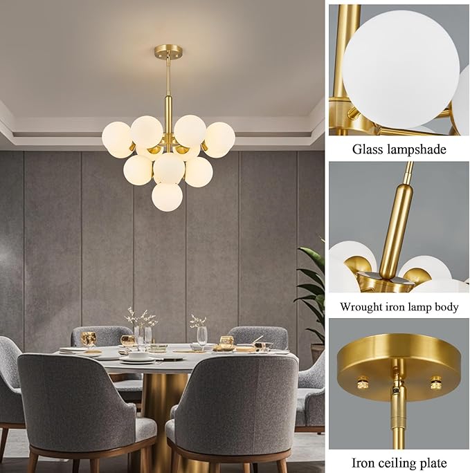 13 Lights Mid Century Modern Chandelier Gold Sputnik Chandelier Globe Pendant Lights with Milk White Glass Lampshade for Dining Room Living Room Foyer ‎‎Entryway