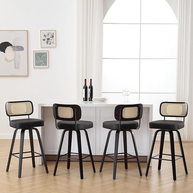 Swivel Counter Height Bar Stools Set of 4, Upholstered Faux Leather Barstools with Rattan Back, 26" Seat Height Bar Chairs Island Stools for Kitchen Counter, Black Wood Frame, Black