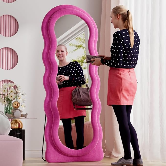 Full Length Mirror, 63"x24" Wavy Floor Mirror, Arched Standing Mirrors Full Length, Cloud Shaped Flannel Wall Mirror, Dressing Body Mirrors Hanging or Leaning Against Wall for Bedroom (Pink)