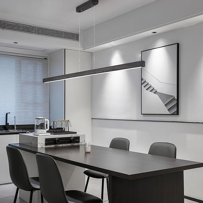 31.5" Black Linear Pendant Light Wooden Led Linear Pendant Light Fixtures Ceiling Hanging Dimmable Pendant Lights for Dining Room Kitchen Island Pool Table Lights Black Wood Finish