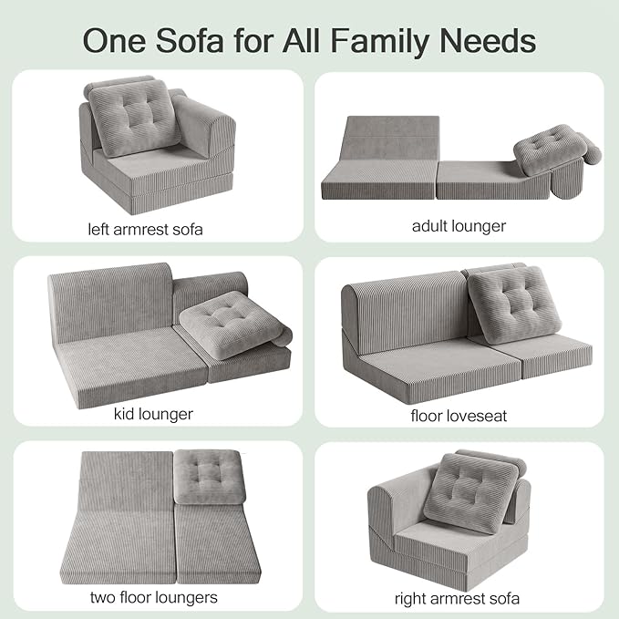 COMAX Folding Sofa Bed, 8-in-1 Foldable Floor Couch Corduroy Convertible Futon Sofa, Fold Out Chair Bed Sleeper Mattress Comfy Portable Lounge Loveseat Guest for Living Room Bedroom, Light Grey