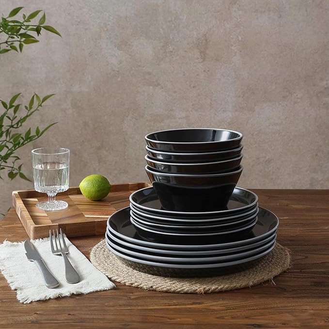Famiware Saturn Dinnerware Sets, Plates and Bowls Sets for 4, 12 Pieces Stoneware Dish Set - Chip and Scratch Resistant, Microwave and Dishwasher Safe Tableware Set, Black with Rim