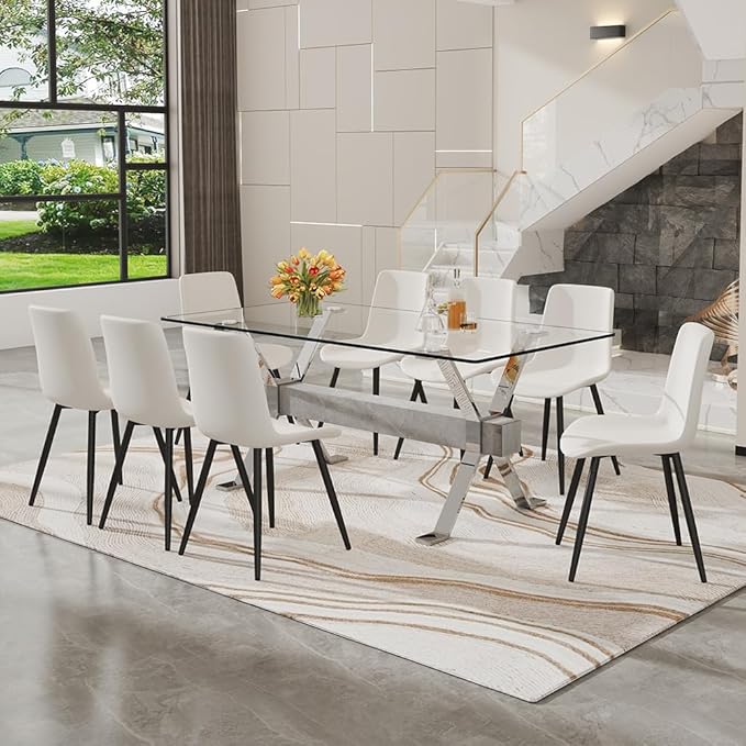 71'' Glass Dining Table Set for 8,9 Piece Dining Table Set with Tempered Glass Tabletop and Open‑Frame X‑Shaped Metal Base,Kitchen Table and Chairs Ideal for Dining Room&Home Office