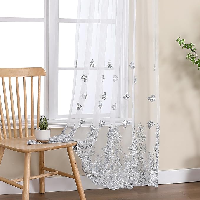 VISIONTEX White Sheer Voile Curtains, Decorative Blue Embossed Butterflies Rod Pocket Window Drapes for Home Kitchen, Living Room and Bedroom 54 x 63 Inch, Set of 2 Curtain Panels