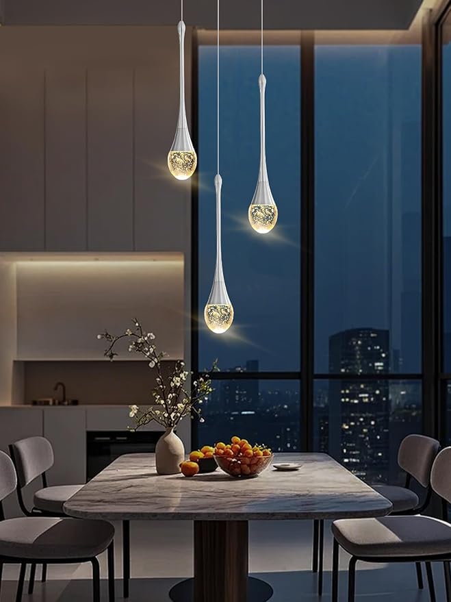 Pendant Lights Kitchen Island 3-Lights Silver Crystal Chandelier for Dining Room Hallway Stairwell,LED Dimmable 2700K-6000K